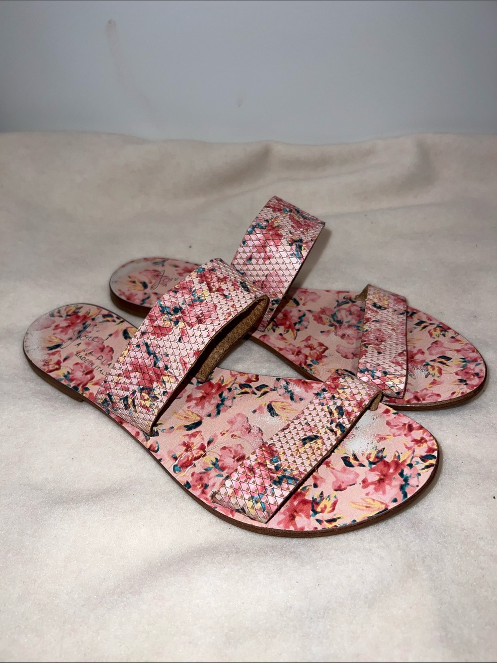 Joie A La Place Leather Pink Floral Double-Strap Slide Sandals Size 38/ 8